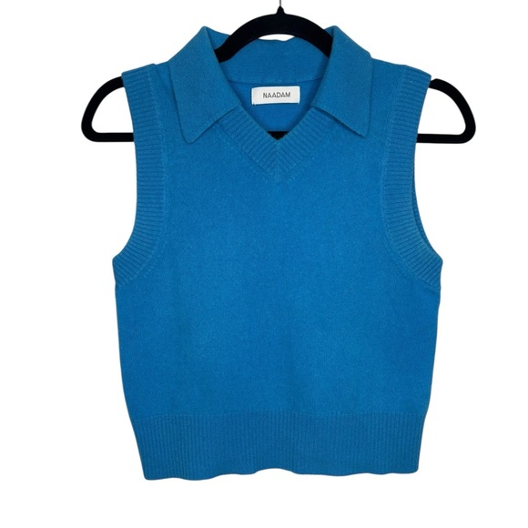 NAADAM Cashmere Sleeveless V Neck Polo Sweater in Aqua Marine Size Small - Picture 3 of 11